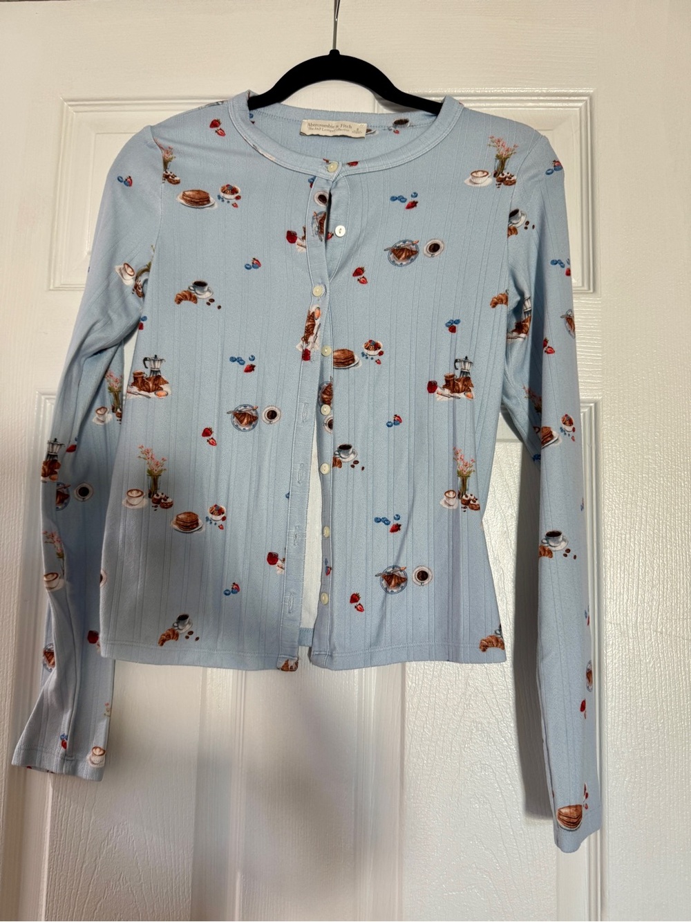 Abercrombie & Fitch Light Blue Ribbed Button Cardigan with Tea Motif